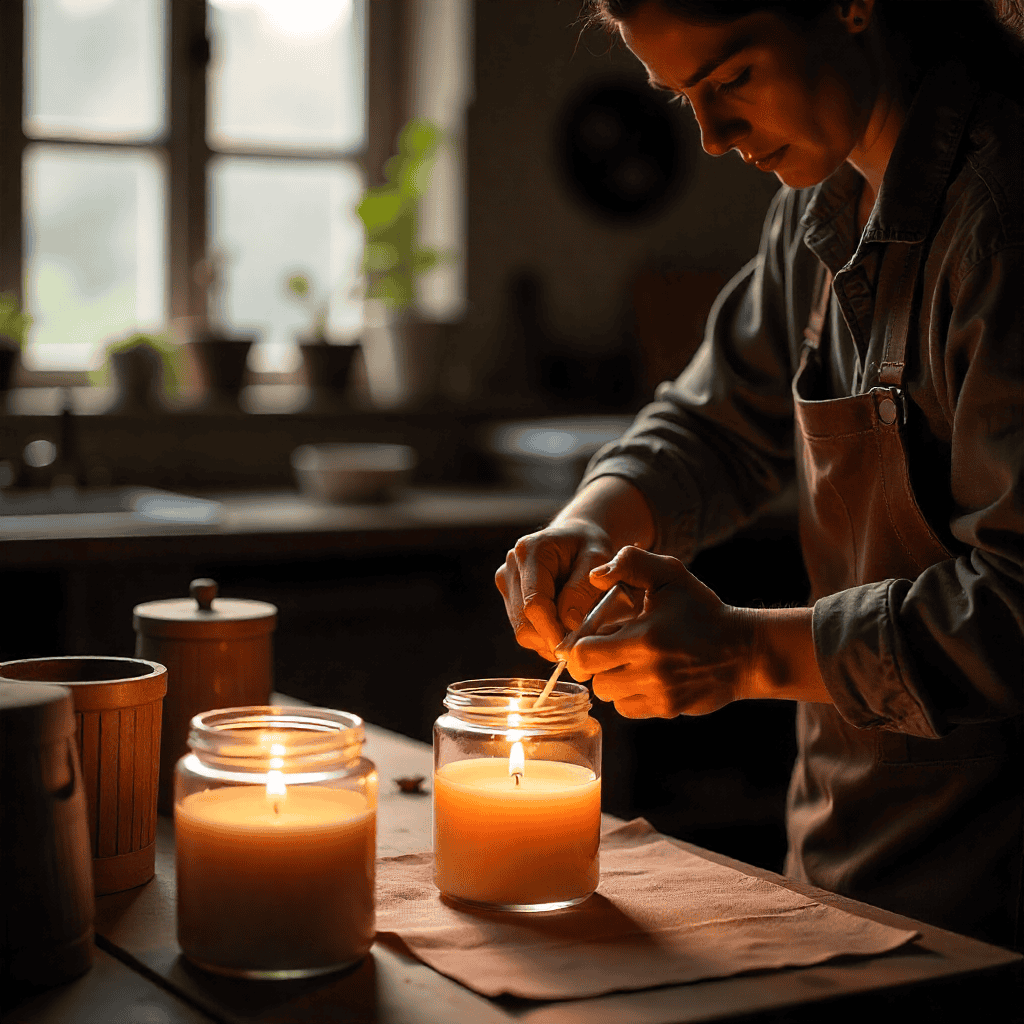 Kerze in gemütlicher Wohnzimmeratmosphäre