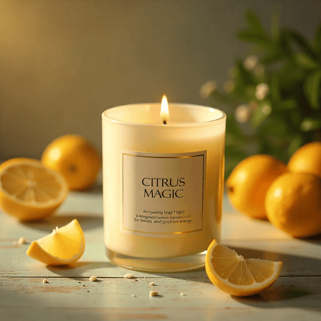 Duftkerze auf Holztisch mit Blumendekoration